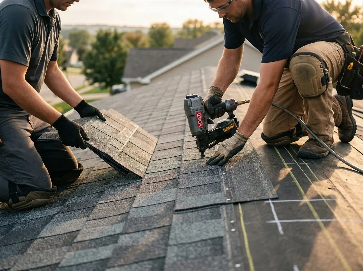 Professional roofer working on a residential roof in Rose